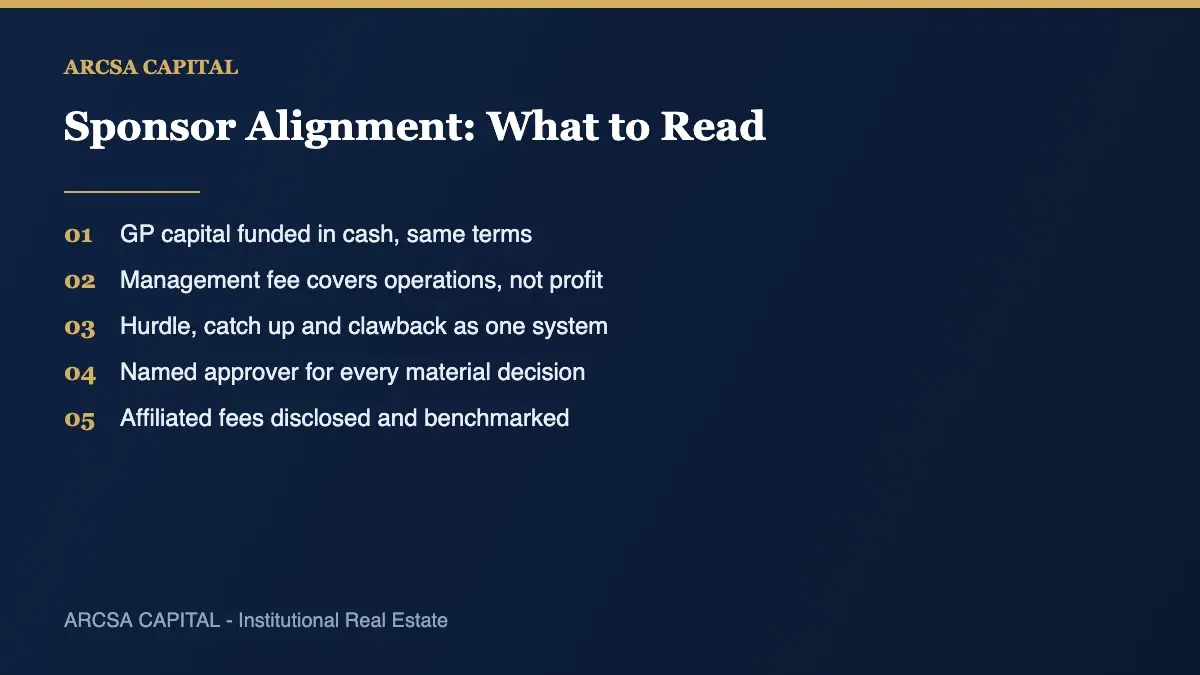 Sponsor alignment checklist showing the five provisions investors read first