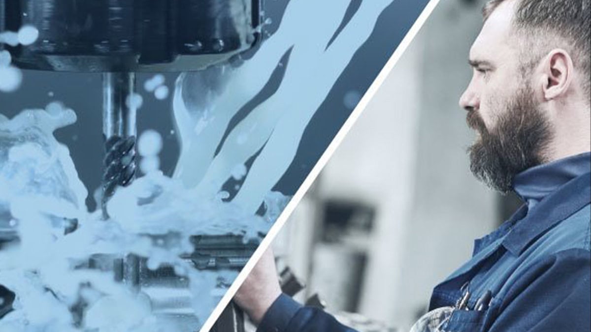 Machinist with image of end mill with coolant