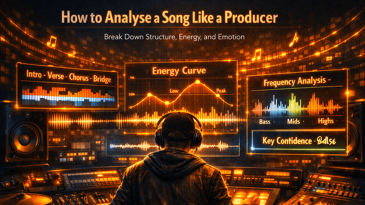 How to analyse a song like a producer in 2026 — DAW arrangement view, frequency analyser, reference track template and producer's notebook