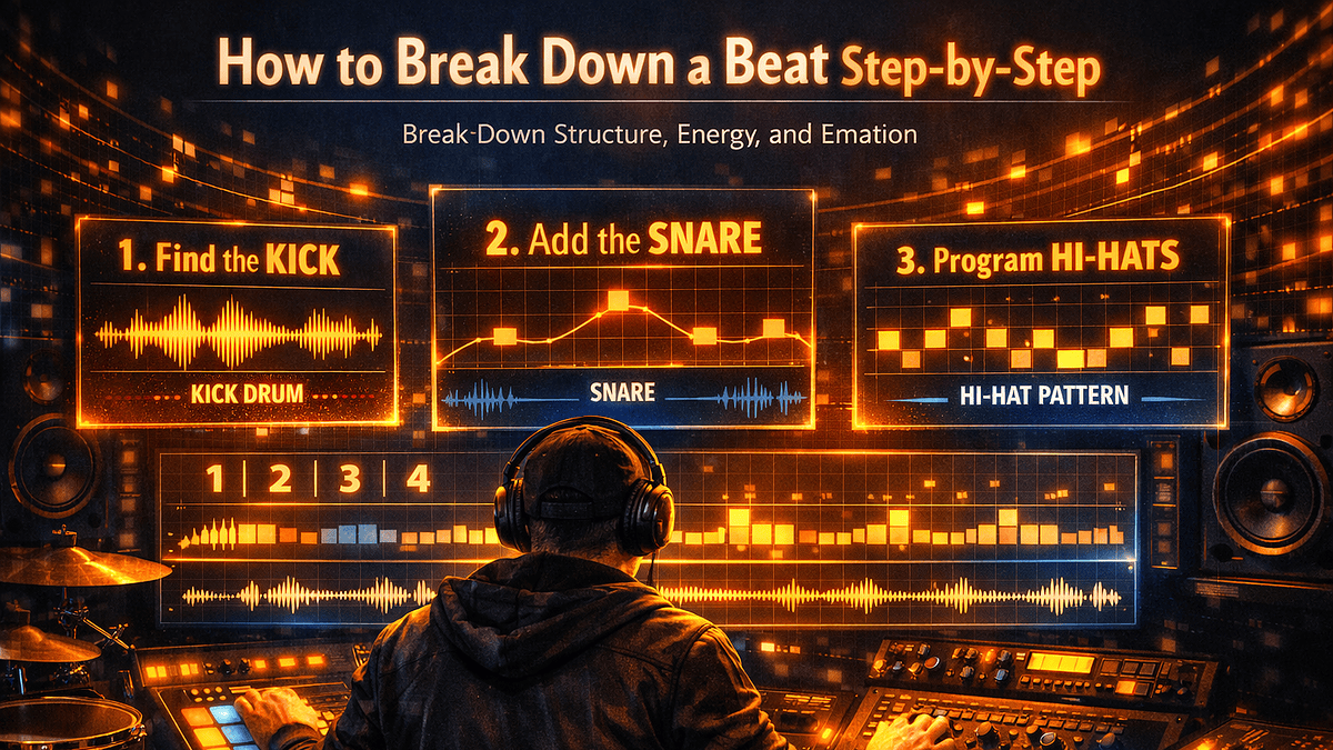 How to break down a beat step-by-step in 2026 &mdash; DAW arrangement, 16-step drum sequencer, 808 bass and producer's notebook