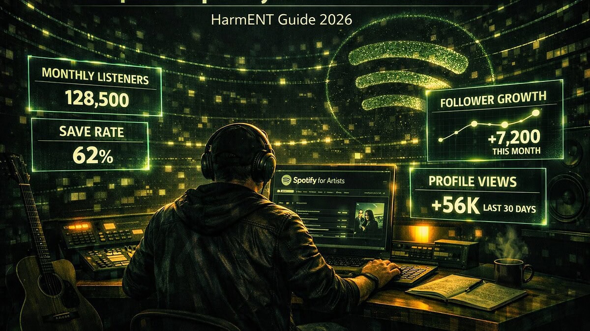 Improve Spotify for Artists profile in 2026 — header image, bio, Canvas, Artist Pick and Clips laid out in a modern editorial mock