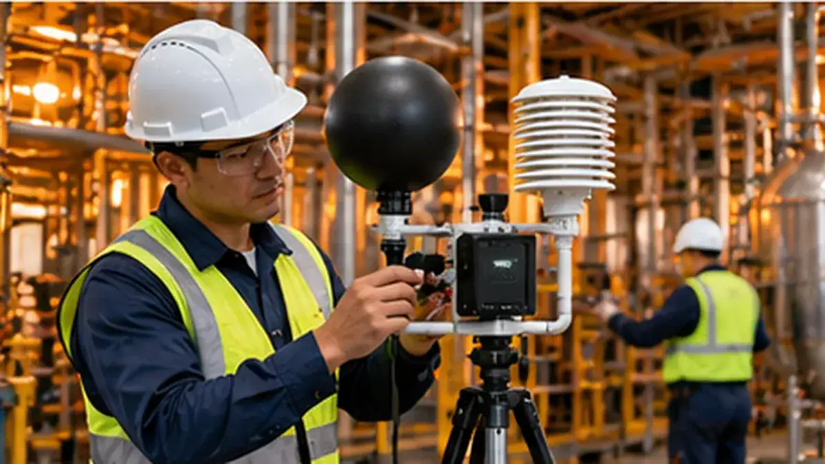 Técnico con casco y chaleco ajusta un monitor de estrés térmico en trípode dentro de una planta industrial