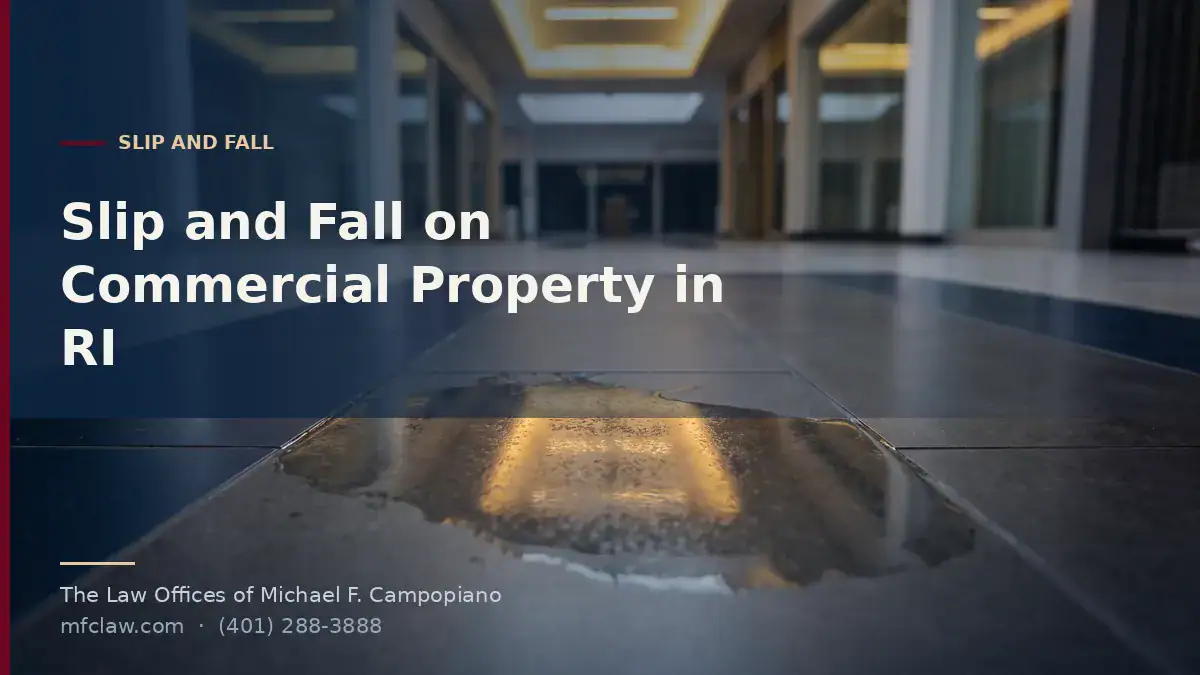 Wet reflective patch on a polished commercial floor representing a slip and fall hazard
