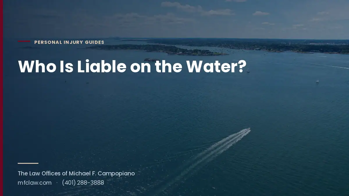 Aerial view of a speedboat crossing a coastal bay, with the headline Who Is Liable on the Water