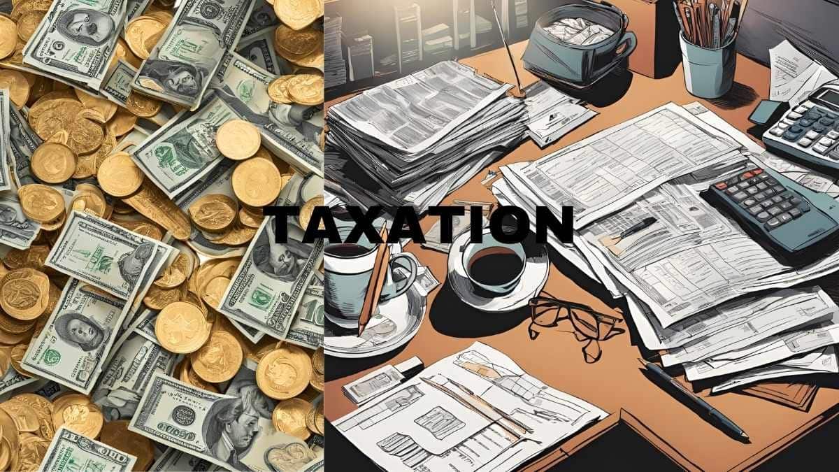 Image split into two halves: the left side shows a pile of U.S. dollar bills and gold coins, symbolizing wealth; the right side shows a cluttered desk with tax documents, calculators, coffee cups, and glasses, representing the process of taxation. The word "TAXATION" is prominently displayed in bold black letters across the center.
