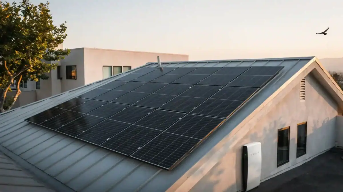 Aerial perspective of a contemporary house with a large matrix of dark black Tesla solar panels on a metal roof, next to another building under a clear evening sky.