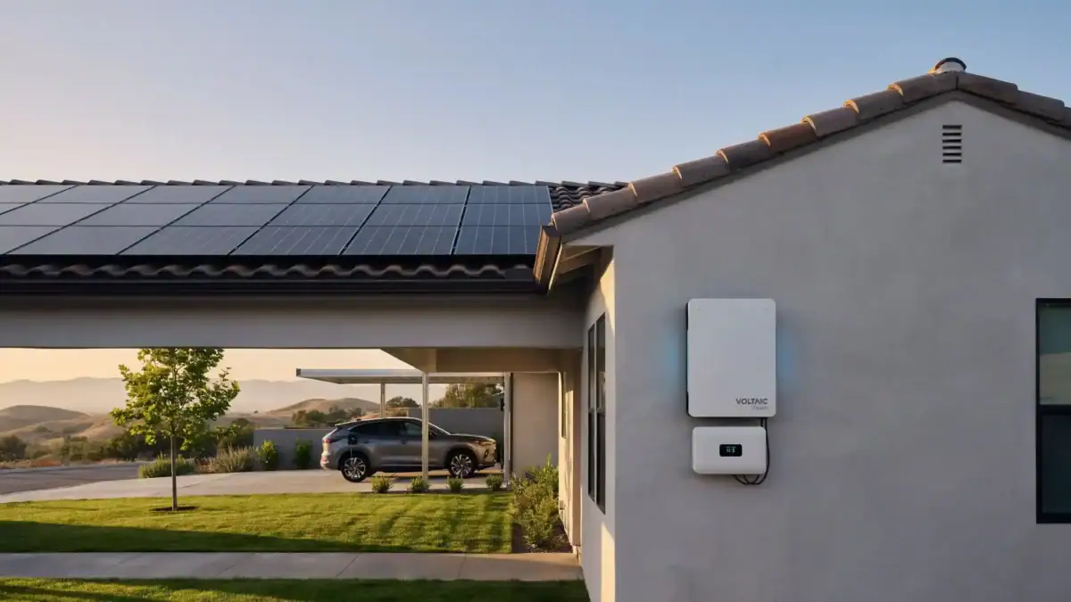 Split image showing a close-up of roof solar panels on top and a Voltaic home charging station below, highlighting the best solar battery storage integration for electric vehicles.