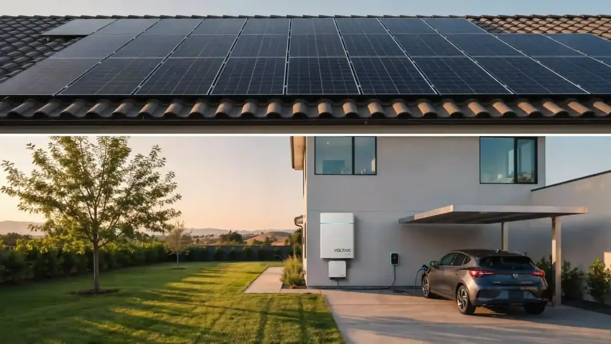 Voltaic home energy system mounted on an exterior wall showcasing the best solar battery storage alongside rooftop solar panels and an electric vehicle in the driveway.