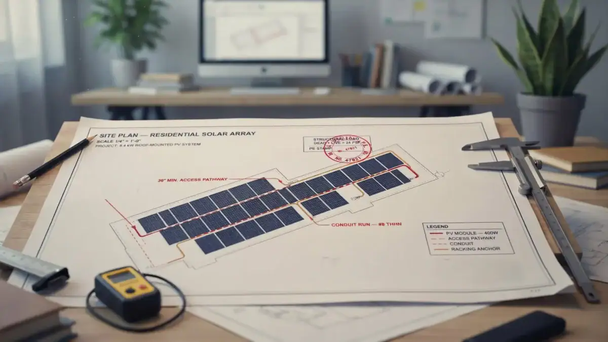 A residential solar array site plan showing a 36-inch minimum access pathway and an approved PE structural load stamp required for solar panel permit requirements.