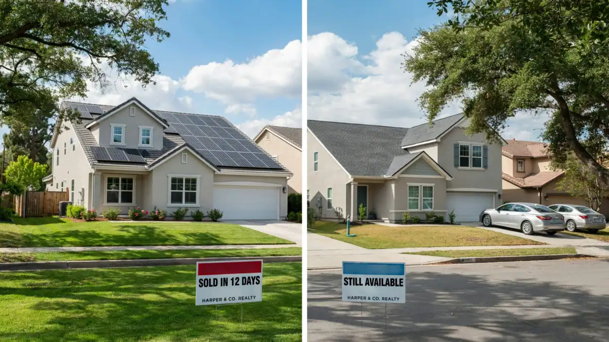 A split-screen comparison showing how much faster do houses sell with solar, featuring a quick-selling property on the left and an unsold standard home on the right.