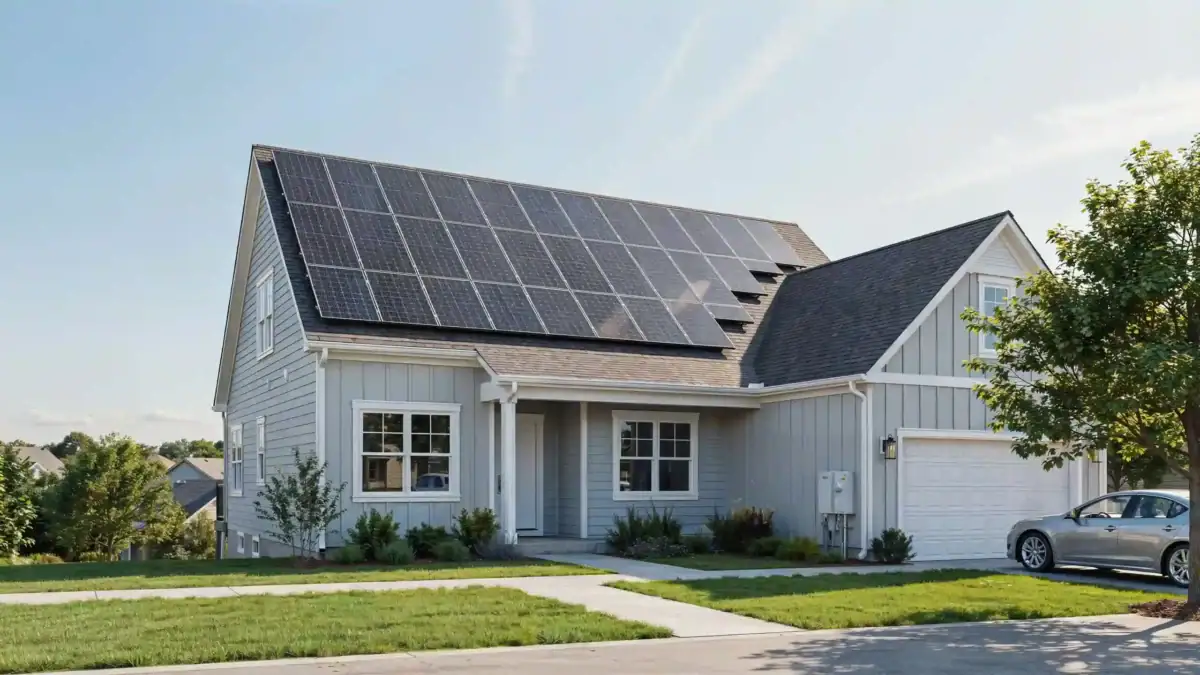 A modern gray suburban home demonstrating how much faster do houses sell with solar by showcasing an extensive grid of dark roof panels.
