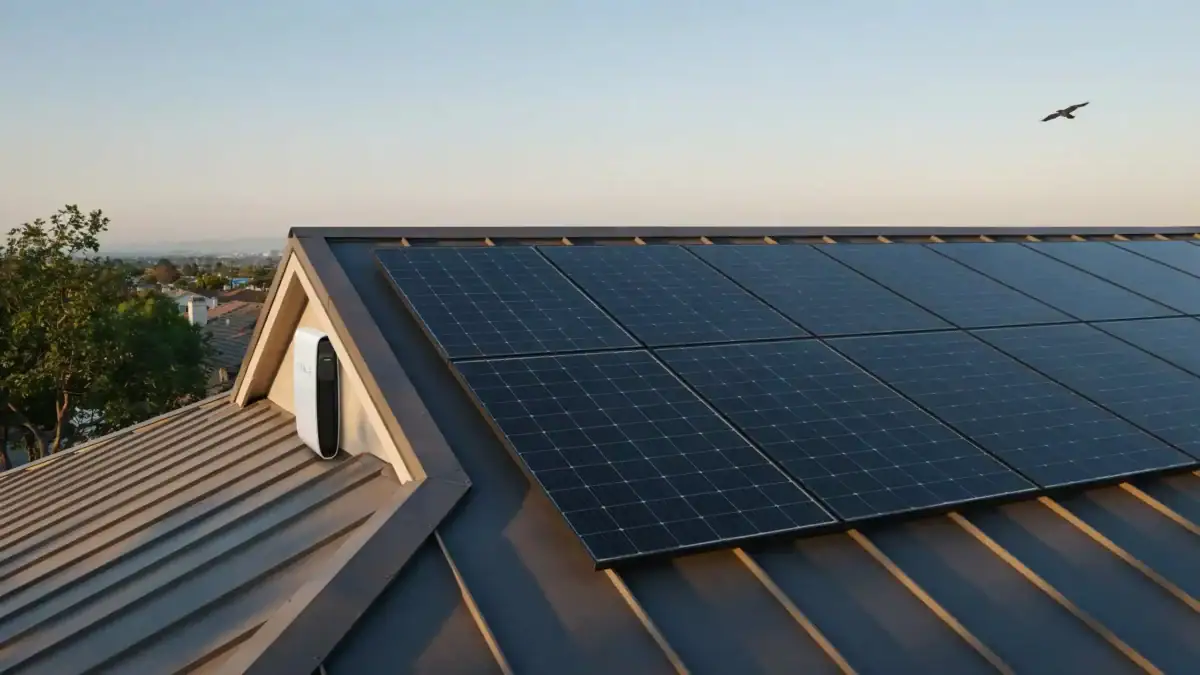 Elevated view of a white modern house featuring a clean installation of dark black Tesla solar panels on the main roof, complemented by a vertical Powerwall unit and another array on a lower roof section.