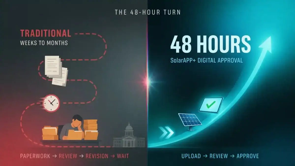 An infographic comparing traditional solar panel permit requirements taking weeks or months with paperwork and waiting versus a streamlined 48-hour digital approval process featuring a solar panel icon and a fast-moving arrow.