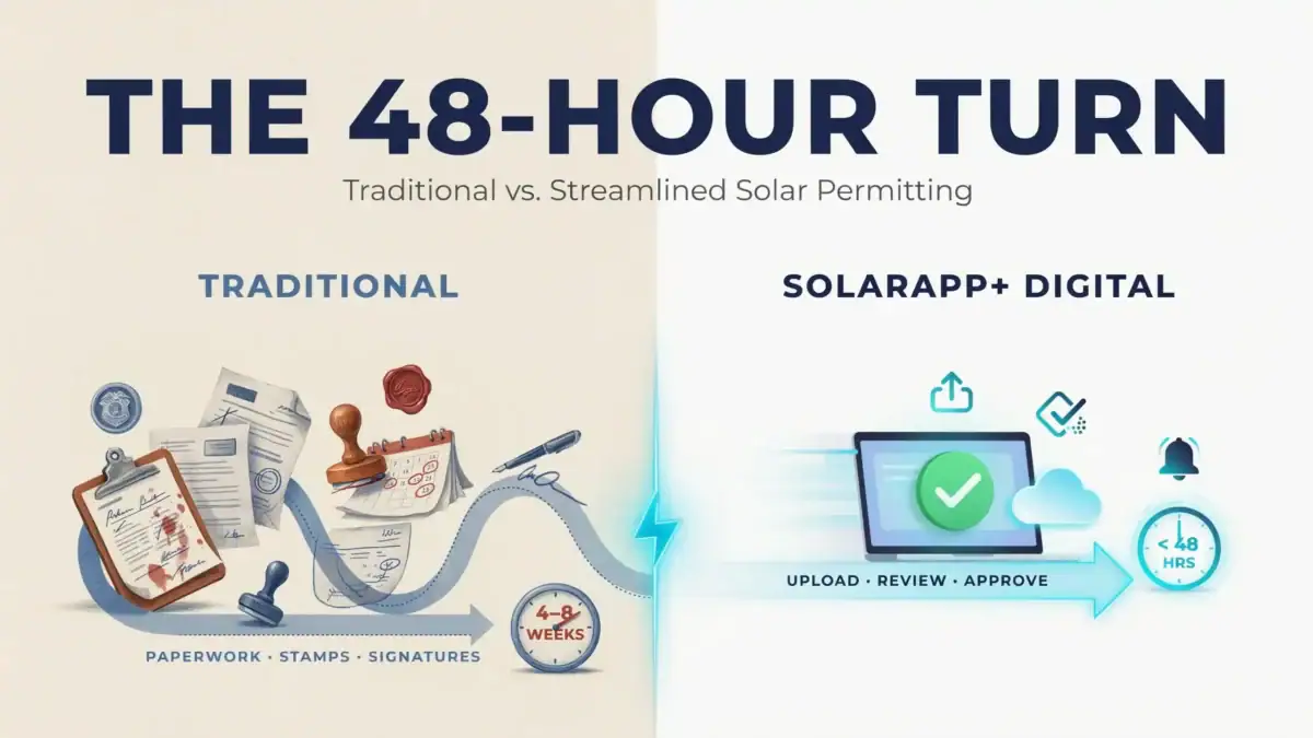 An infographic titled 'The 48-Hour Turn' comparing traditional solar panel permit requirements involving stamps and physical paperwork taking 4 to 8 weeks with a fast digital upload, review, and approval process.