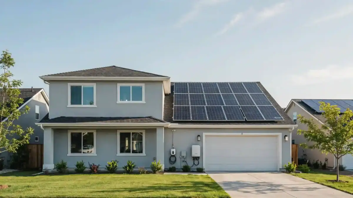 Sustainable two-story residential property equipped with advanced solar panels for home energy alongside an EV charger and inverter setup.