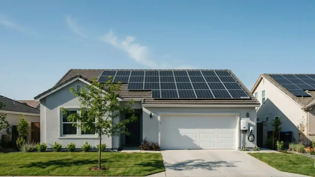 A single-story suburban residence under a clear sky with a large rooftop array of solar panels for home energy.