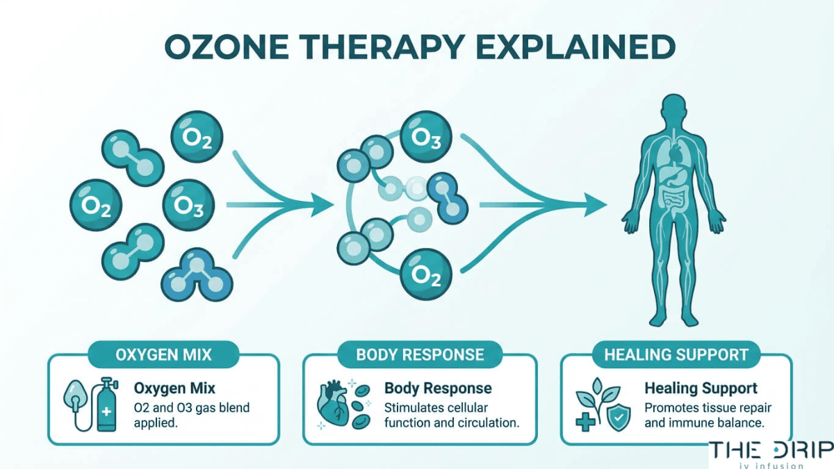 Ozone therapy process diagram showing oxygen and ozone gas blend stimulating cellular response, improving circulation, and supporting tissue healing and immune function