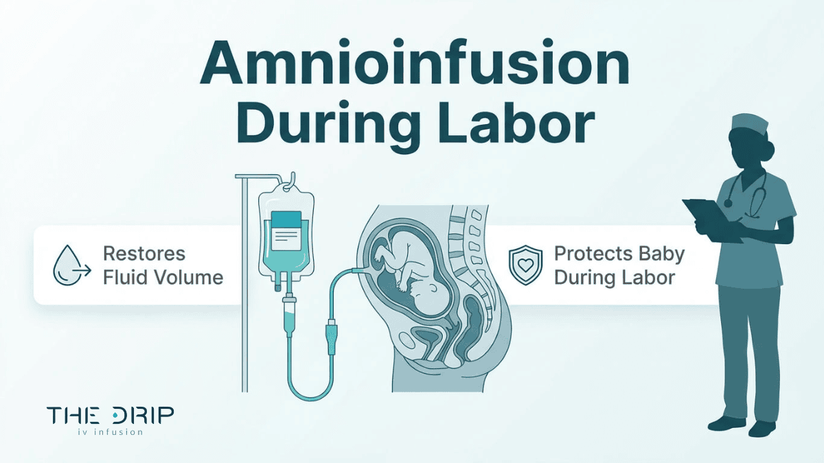 Visual of amnioinfusion during labor demonstrating IV fluid delivery to support fetal health and maintain amniotic fluid volume