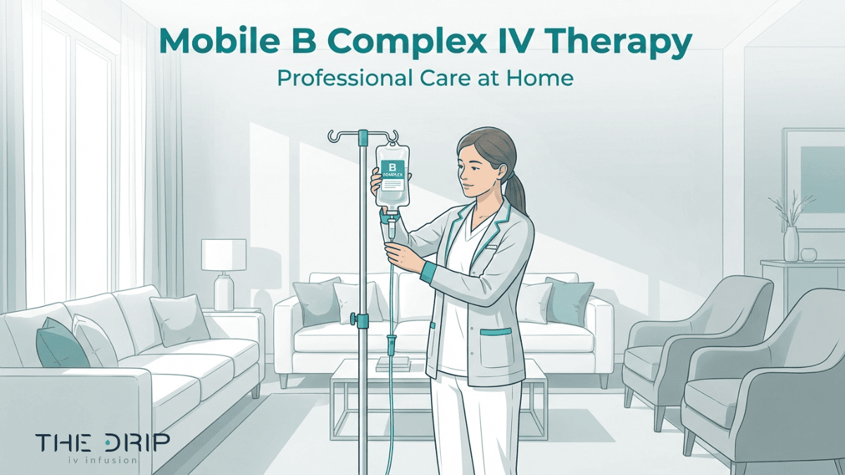 Mobile IV therapy nurse administering B complex vitamin drip at home in a comfortable living room setting