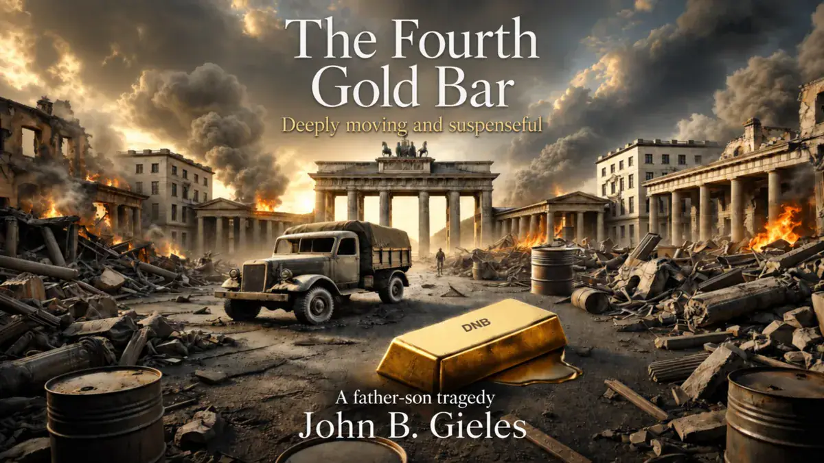 The Fourth Gold Bar cover by John B Gieles - A father-son tragedy in war-torn Berlin 1945 with Brandenburg Gate and DNB gold bar on rubble