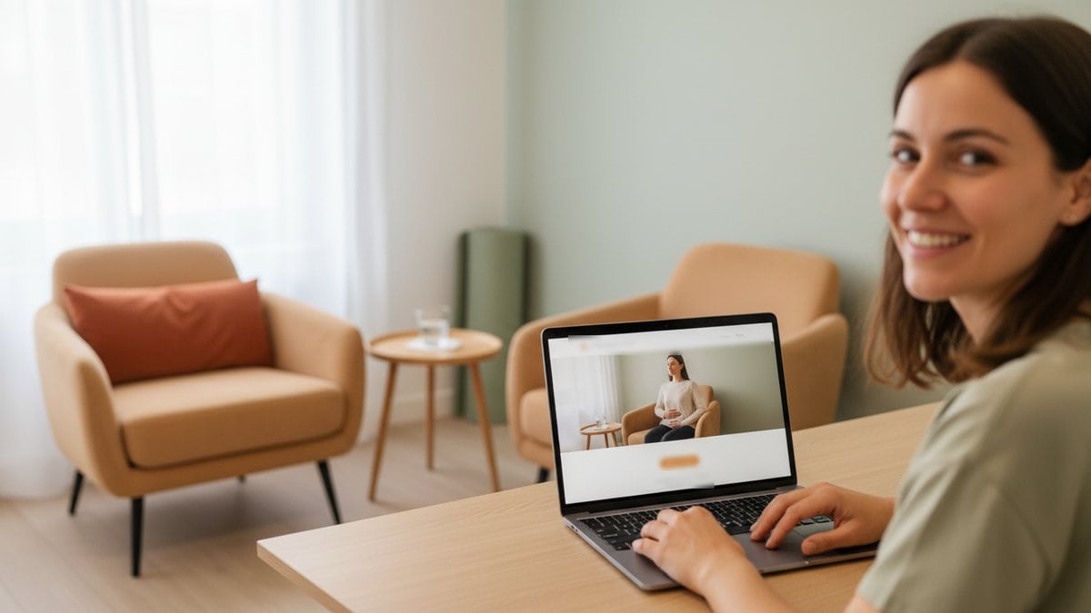 Site internet de sophrologue : une sophrologue souriante, dans son cabinet aux deux fauteuils, montre sur son ordinateur sa page web avec la photo d'une séance et un bouton pour prendre rendez-vous