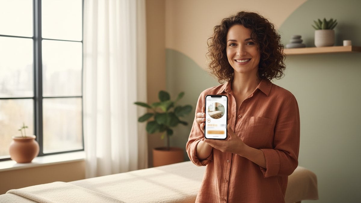Thérapeute holistique : une praticienne souriante, dans sa salle de soins, montre sur son téléphone sa fiche Google avec la photo de son cabinet et un bouton pour prendre rendez-vous