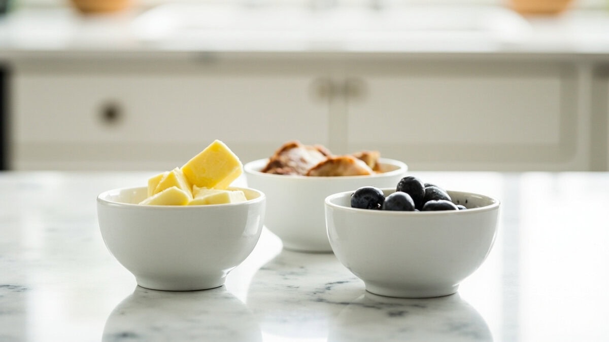 keto meal plan for beginners - three bowls showing fat protein carb ratio