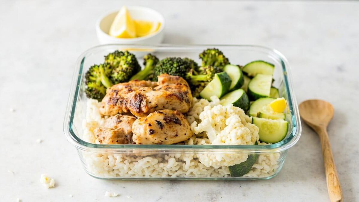 keto meal plan for beginners - glass meal prep container with chicken and cauliflower rice