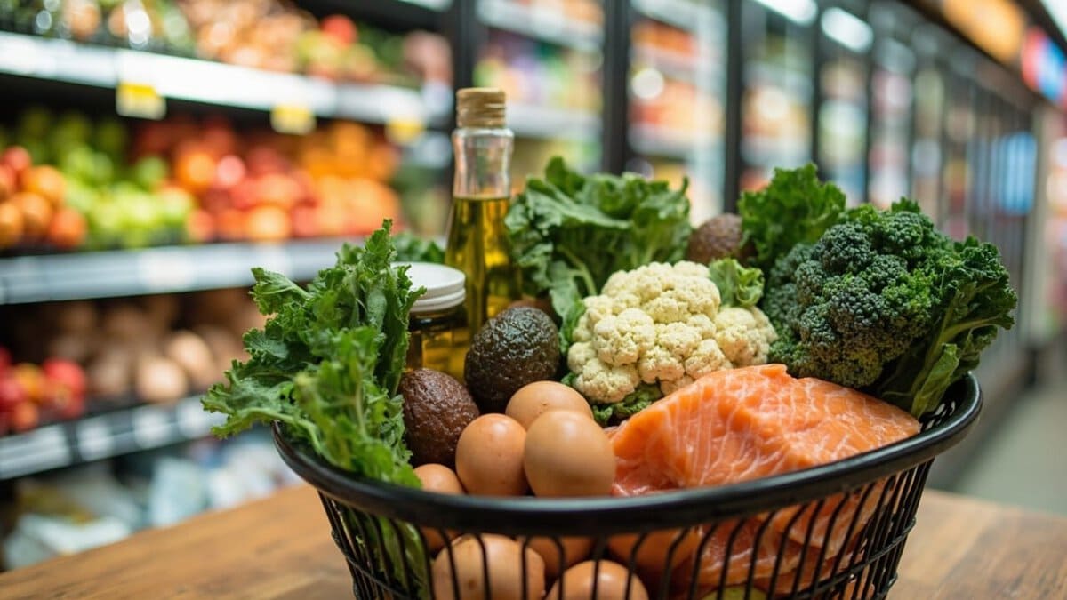 low carb meal plan for beginners - grocery basket with staples