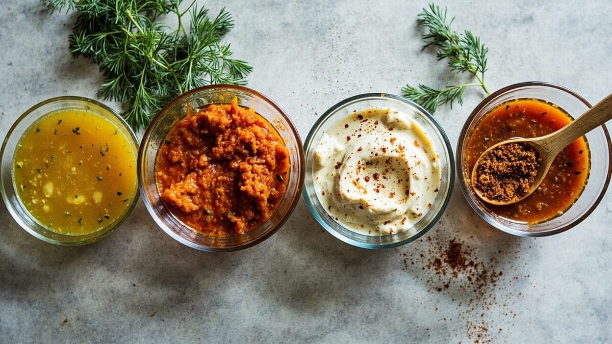 air fryer chicken recipes: four flavor marinades in glass bowls