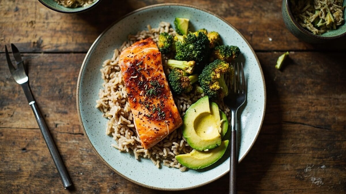 Balanced meals benefits for weight loss - a top-down photo of a balanced plate with grilled salmon, brown rice, and vegetables