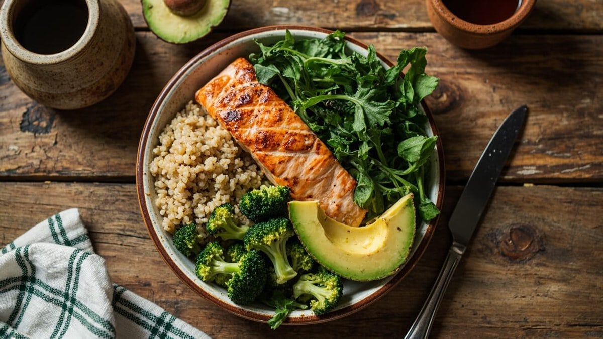 effective slimming tips tips - balanced nutrition plate with salmon and vegetables