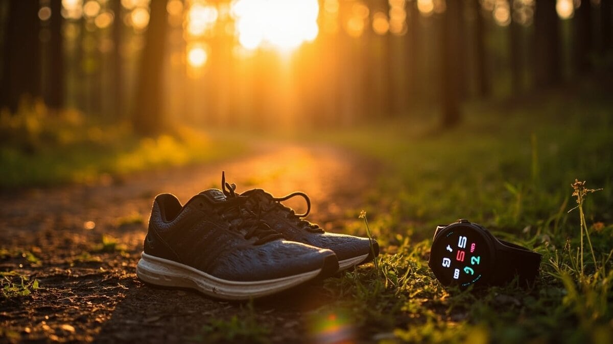 effective slimming tips tips - walking shoes on forest trail at sunrise