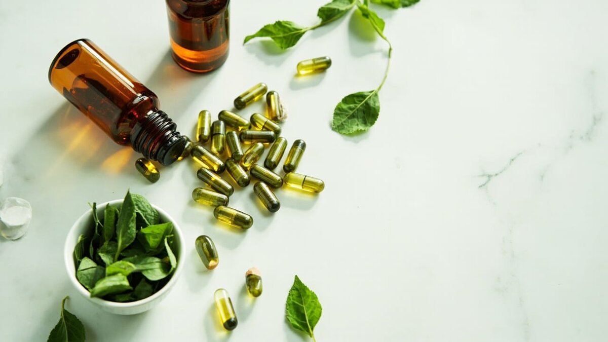 green tea extract for weight loss - supplement capsules and fresh tea leaves