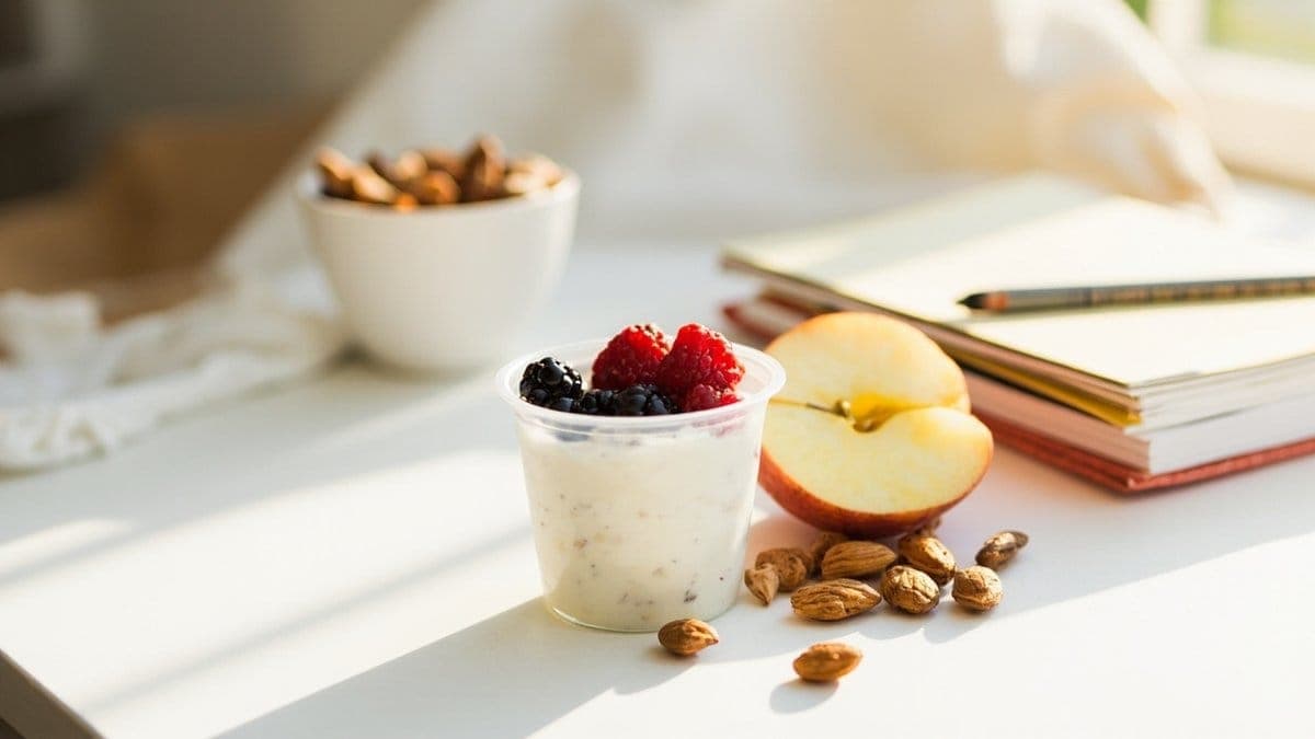 healthy snacks under 100 calories - afternoon desk snack photograph