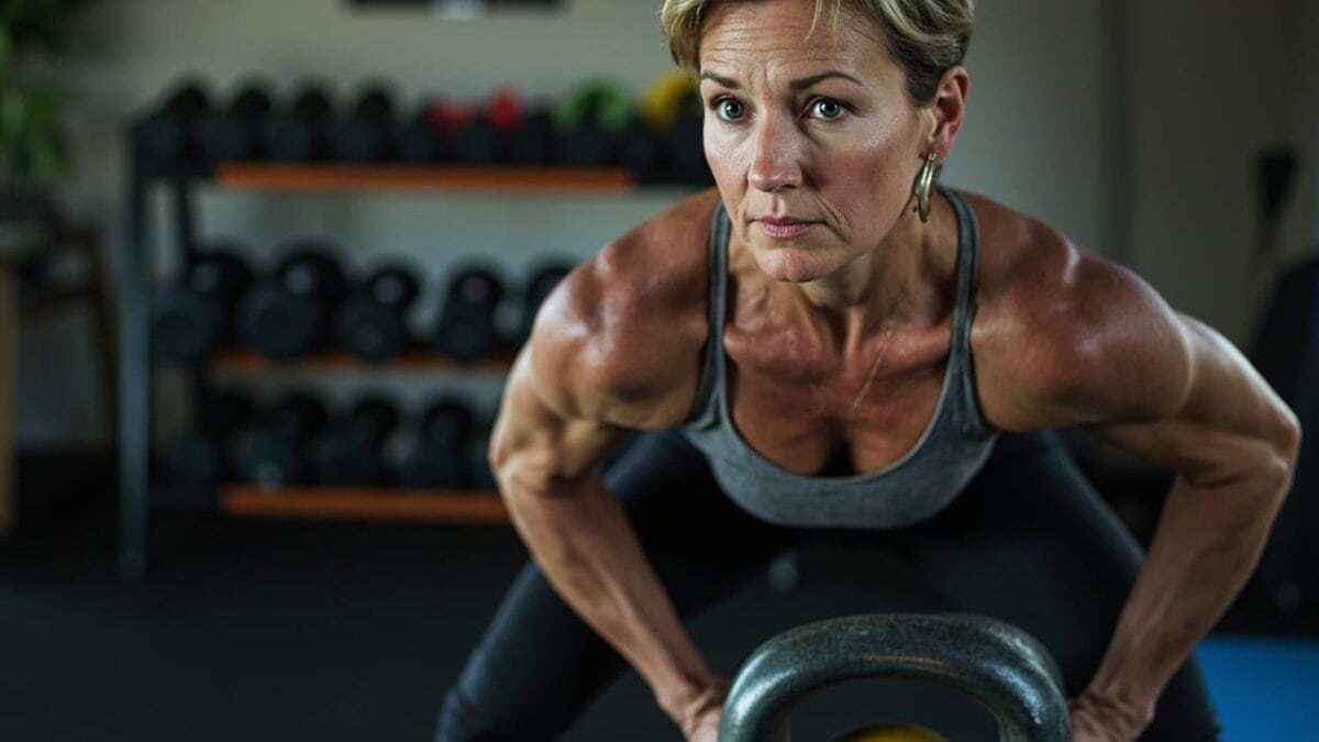 how to boost metabolism after 40 - forty-five year old woman doing goblet squat with kettlebell