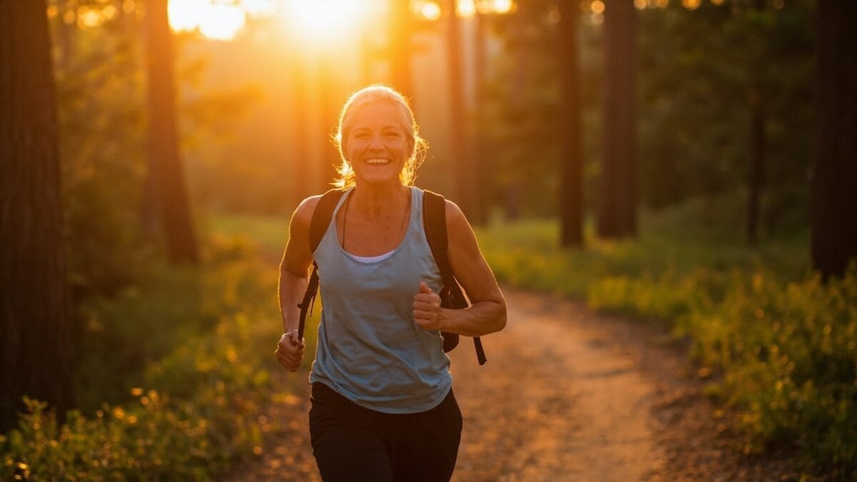 how to boost metabolism after 40 - woman hiking on forest trail at golden hour