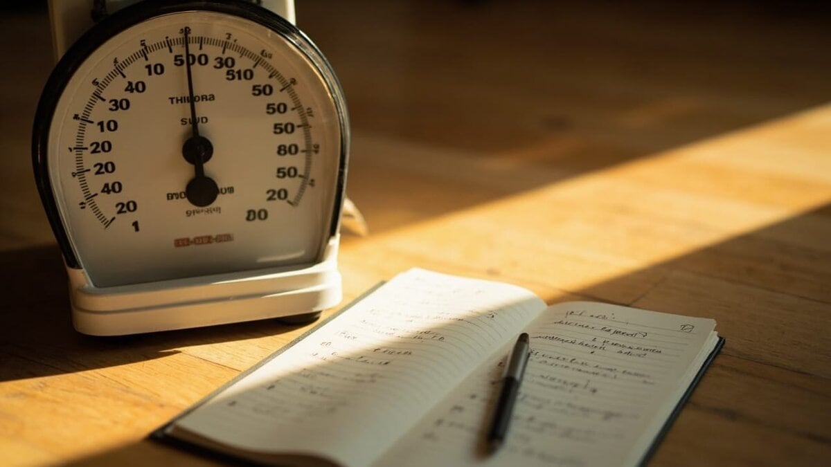 losing weight mistakes to avoid - bathroom scale and weekly tracking notebook