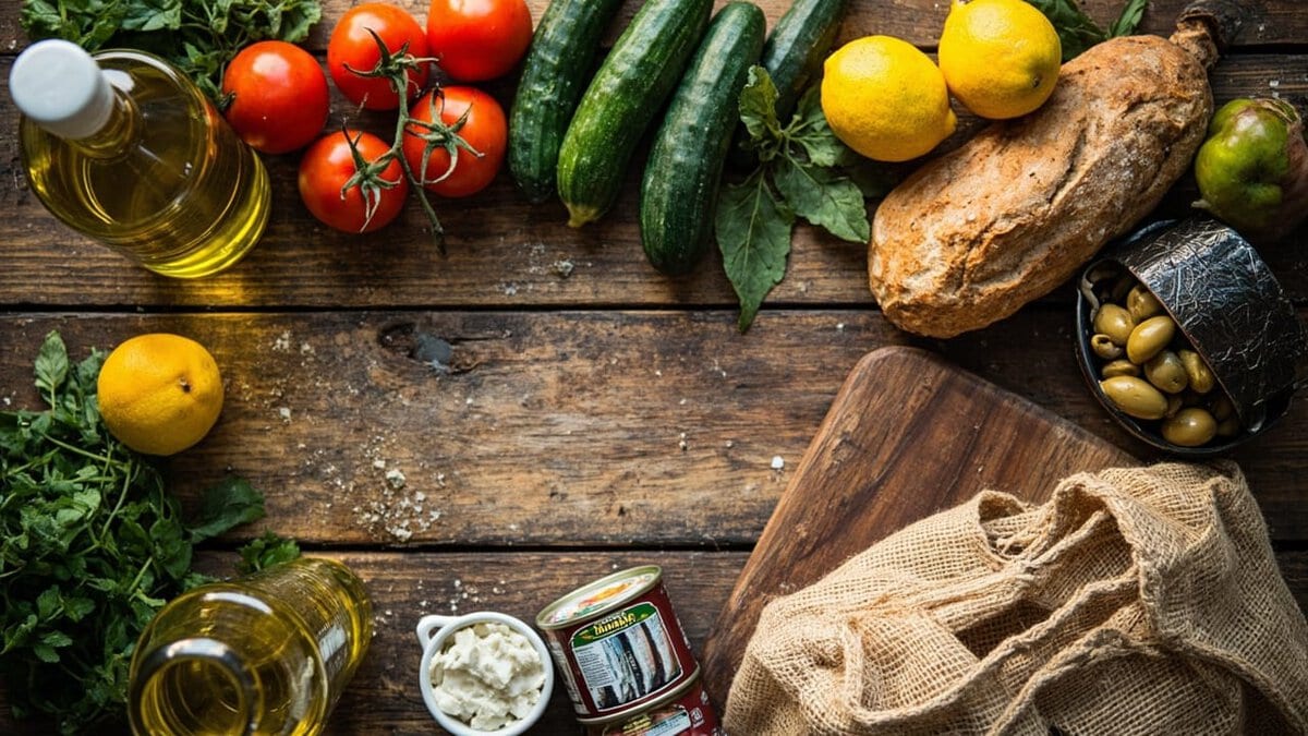 mediterranean diet for beginners - Mediterranean diet grocery haul with olive oil, vegetables, fish, bread