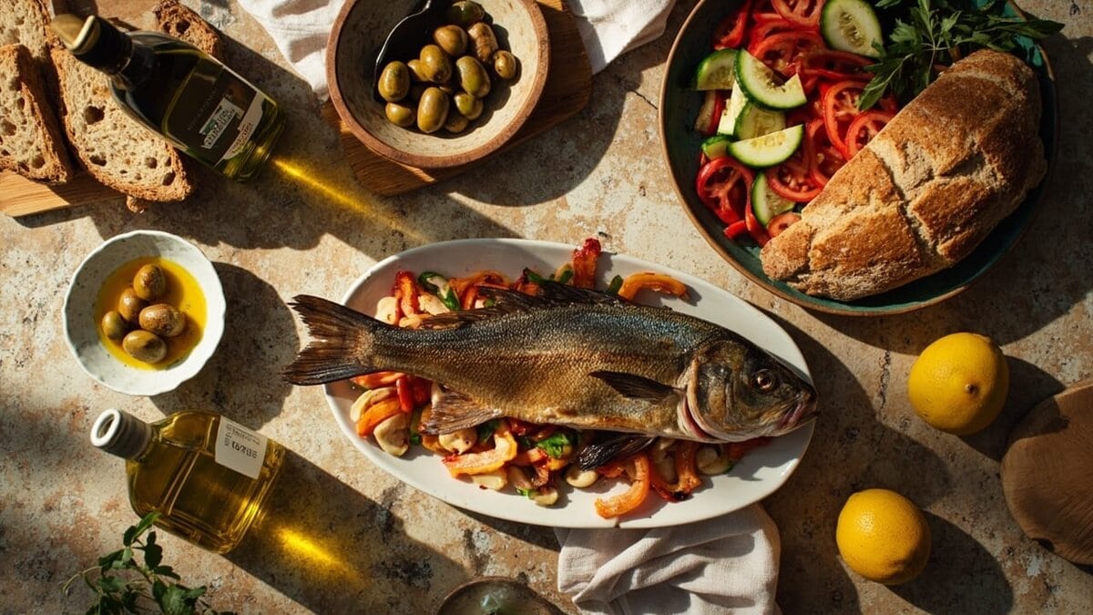 mediterranean diet for beginners - Mediterranean spread with olive oil, fish, vegetables