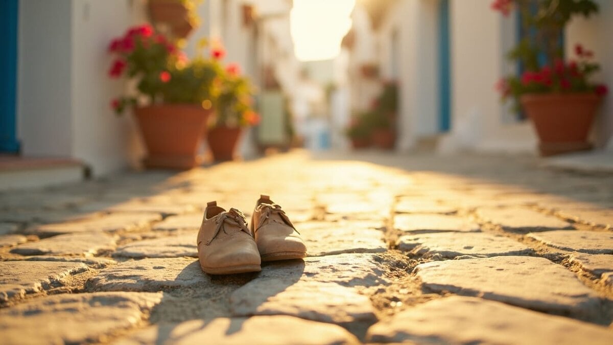 mediterranean diet for beginners - Mediterranean diet lifestyle with walking shoes on cobblestone village path