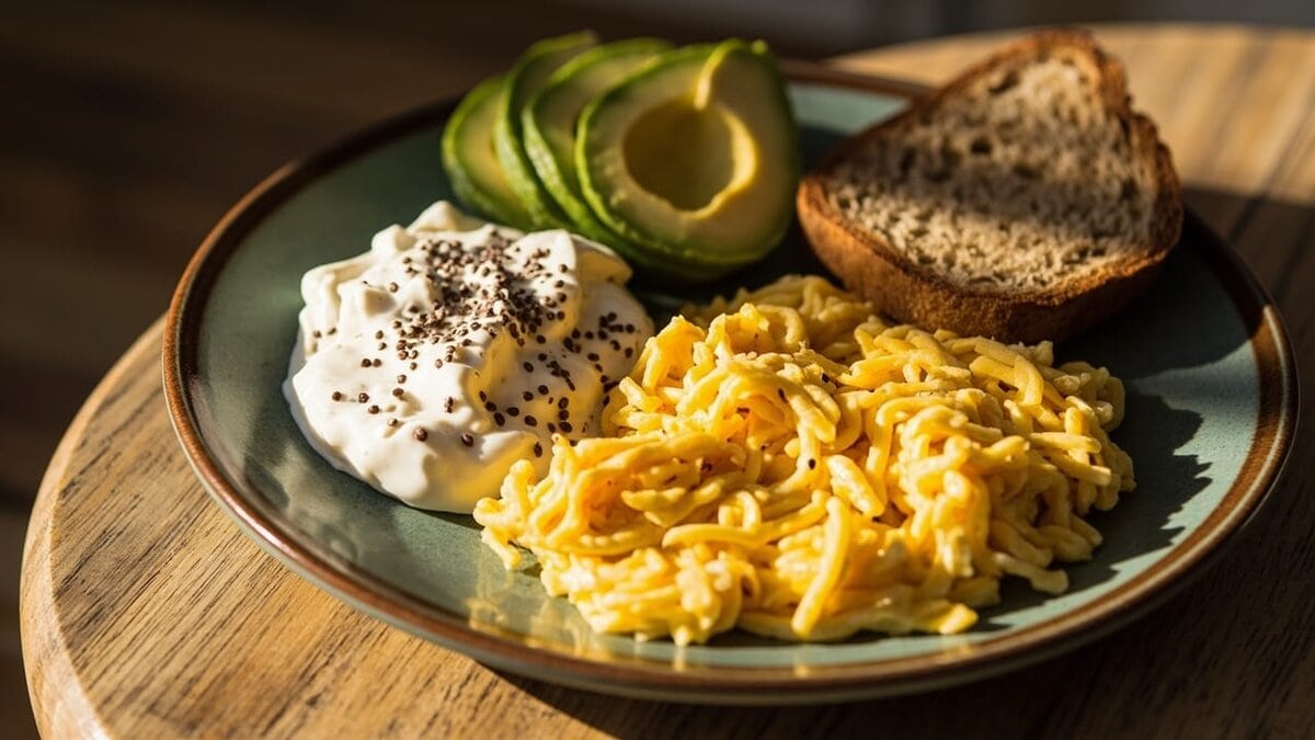 metabolism boosting foods for beginners - high-protein breakfast plate with eggs and yogurt