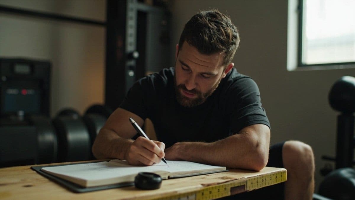 proven workout programs strategies - athlete logging workout metrics in tracking notebook