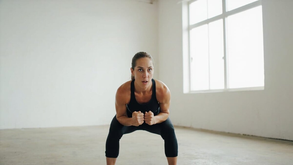 tabata workout beginner woman performing bodyweight squat
