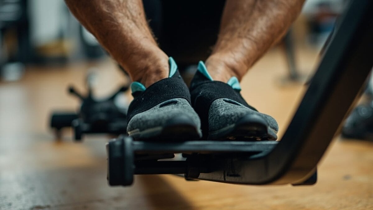 rowing machine workout foot strap setup realistic photography
