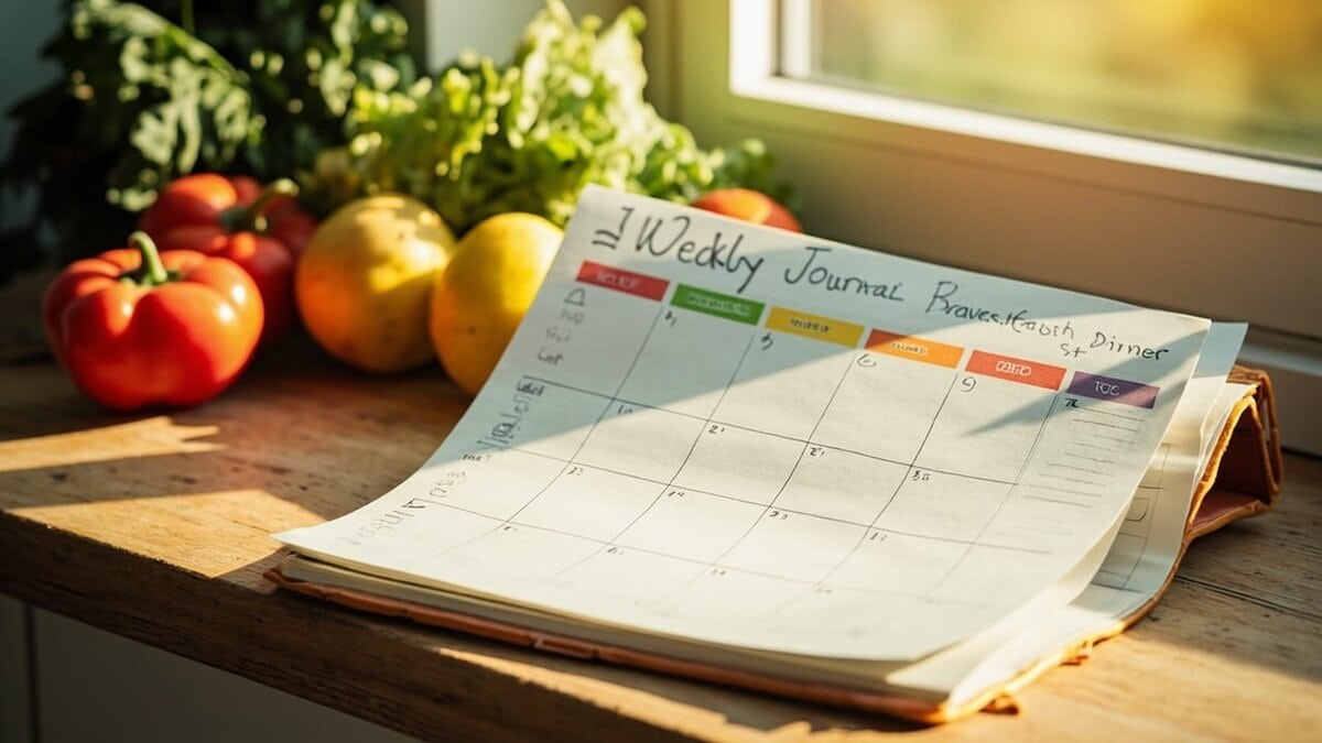 weight loss journal template ideas - handwritten weekly planner on kitchen counter with fresh ingredients