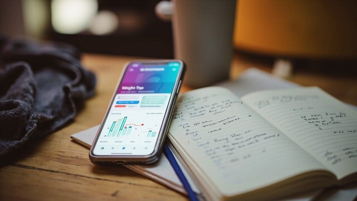 weight loss journal template ideas - smartphone tracking app beside open paper journal and gym towel