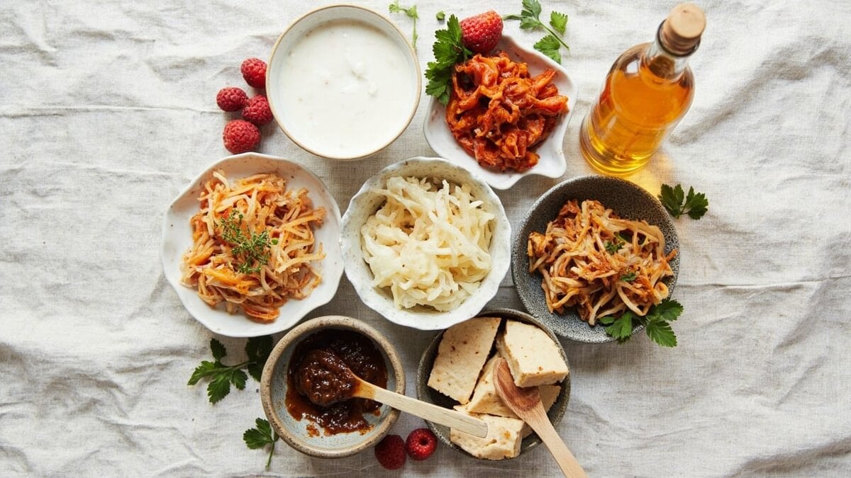 fermented foods for gut health - flat lay of plain yogurt, kefir, sauerkraut, kimchi, miso, tempeh, and kombucha