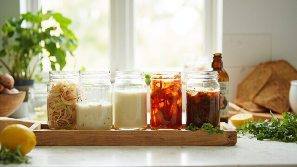 fermented foods for gut health - jars of yogurt, kefir, sauerkraut, kimchi, miso, and kombucha on a kitchen counter