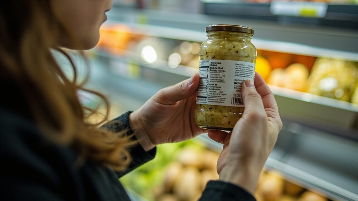 fermented foods for gut health - hands reading a nutrition label on a jar of sauerkraut in a grocery aisle